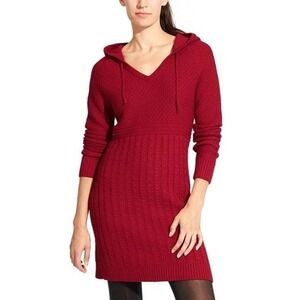 ATHLETA Borealis Hoodie Sweater Dress Ruby Red Hooded Cable Knit Solid Medium
